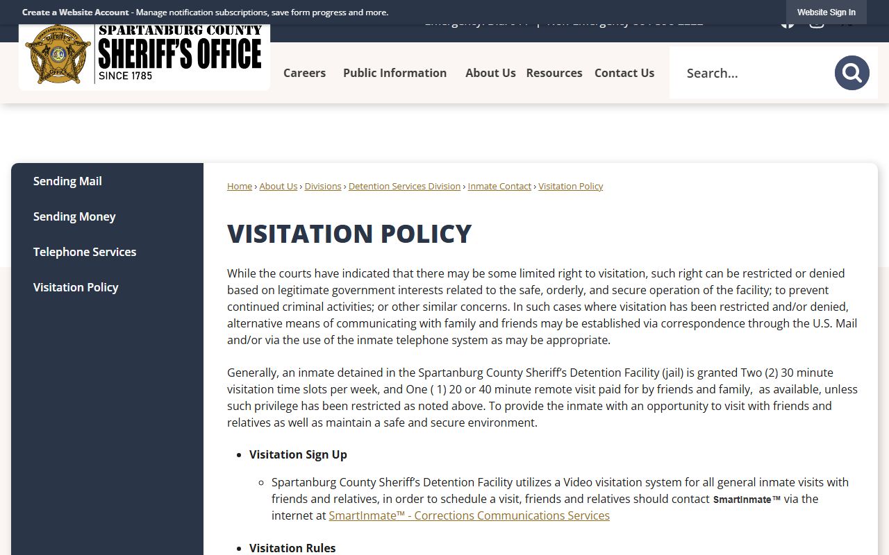 Spartanburg County Detention Center inmate visitation policy screenshot